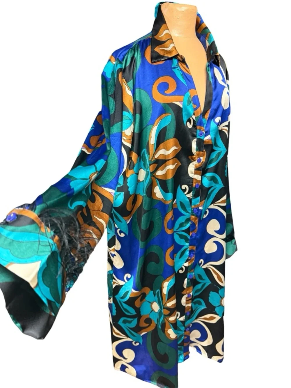 Ashley Steward, Silky Feathered Sleeves Shirt Dress - Picture 2 of 10